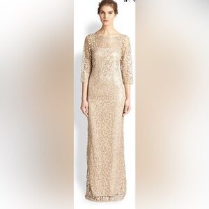 Kay Unger Champagne 3/4 Sleeve Sequin Lace Gown with satin under slip 6